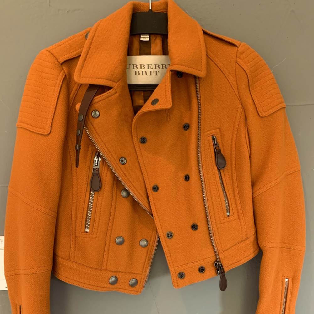 Rust orange Burberry moto jacket